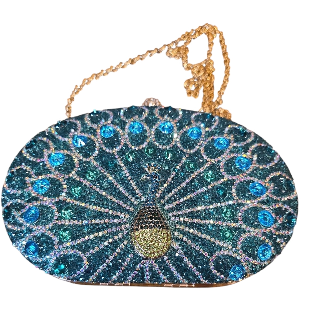 Elegant Peacock Sequin/Rhinestone Clutch with Gold Chain